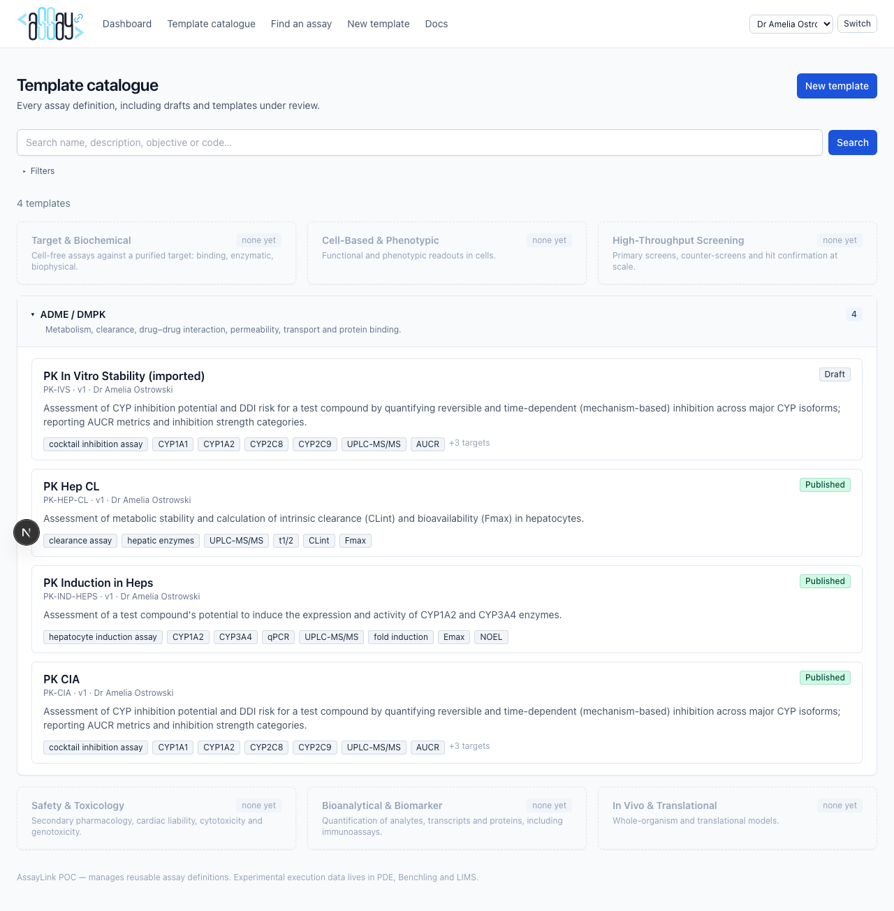 Grouped template catalogue with ADME group expanded