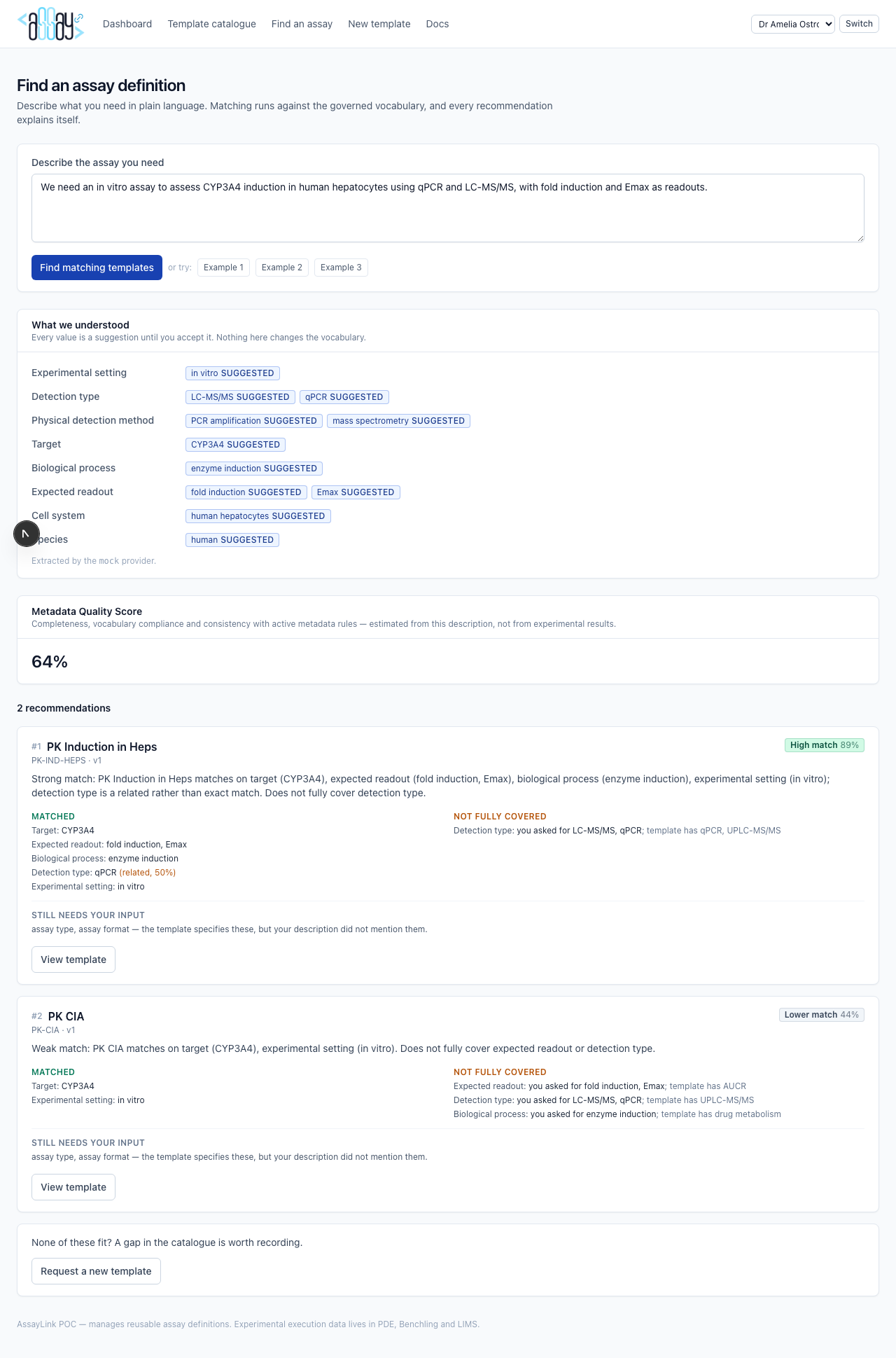 Matcher results with ranked template recommendations