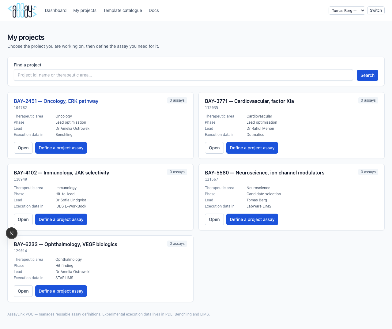 Project detail with linked assays