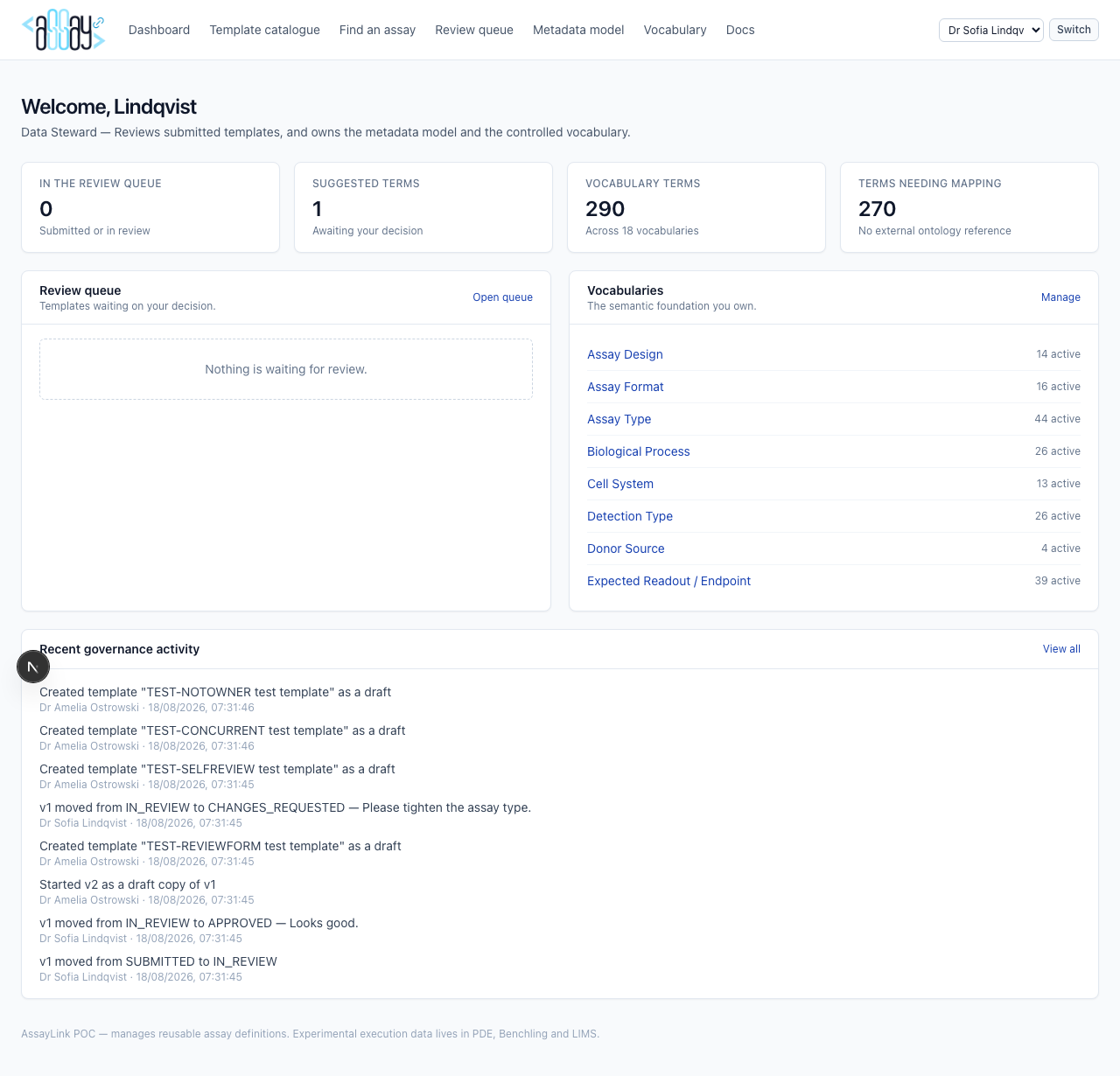 Data Steward dashboard with review and vocabulary stats